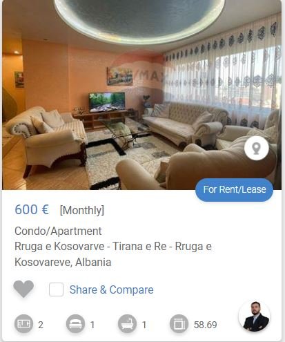 Tirane, jepet me qera apartament 1+1 Kati 6, 60 m² 600 € (Rruga e Kosovareve)
