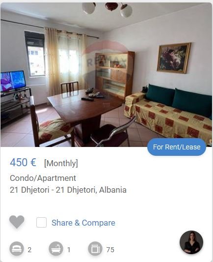 Tirane, jepet me qera apartament 1+1 Kati 4, 75 m² 450 € (mbas Hotel Mondialit ne 21)