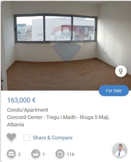 Tirane, shitet apartament 3+1 Kati 8, 105 m² 163.000 € (te concord center tregu te 5 maji)