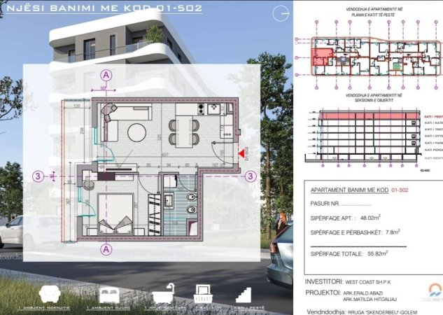 Durres, shitet apartament 1+1 Kati 5, 55.86 m² 57.750 €