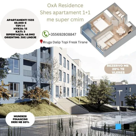 Tirane, shes apartament 1+1+Ballkon Kati 3, 49 m² 355.692.808.847 € (Rruga Dalip Topi Fresk Tirane)