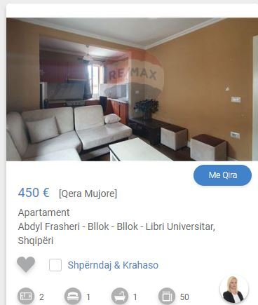 Tirane, jepet me qera apartament 1+1 Kati 4, 50 m² 450 € (BLLOK)