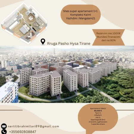 Tirane, shes apartament 1+1+Ballkon Kati 6, 57 m² 80.000 € (Rruga Pasho Hysa Tirane)