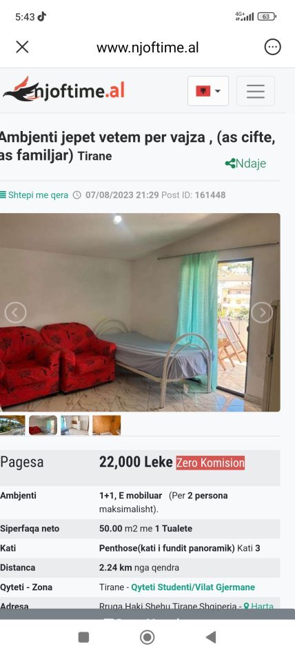 Shqiperi, jepet me qera garsonier 1+1 Kati 4, 45 m² 200 € (Haki shehu)