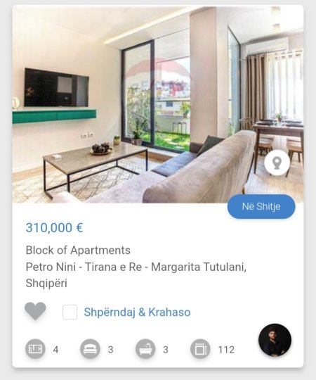 Tirane, shitet apartament 3+1 Kati 5, 112 m² 310.000 € (Petro Nini Tirana e Re)
