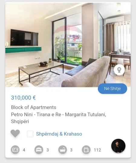 Tirane, shitet apartament 3+1 Kati 5, 112 m² 310.000 € (Petro Nini Tirana e Re)