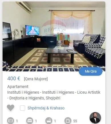 Tirane, jepet me qera garsonier 1+1 Kati 4, 55 m² 400 € (drejtoria e higjenes rruga e elbasanit)