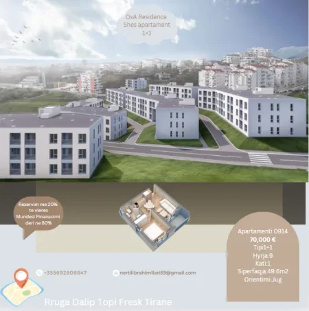 Tirane, shes apartament 1+1+Ballkon Kati 1, 50 m² 70.000 € (Rruga Dalip Topi Fresk Tirane)