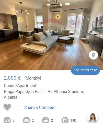 Tirane, jepet me qera apartament 2+1 Kati 8, 120 m² 2.000 € (TEK COIN STADIUMI AIR ALBANIA)
