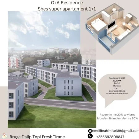 Tirane, shes apartament 1+1+Ballkon Kati 1, 49 m² 69.000 € (Rruga Dalip Topi Fresk Tirane)