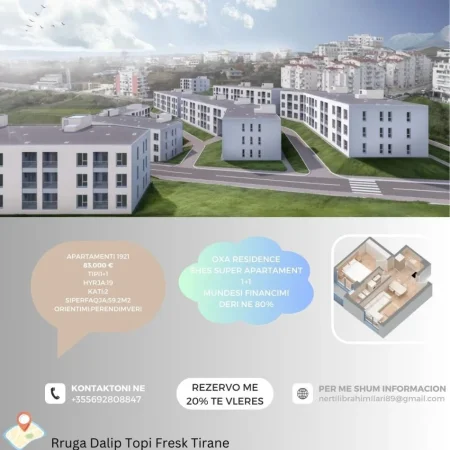 Tirane, shes apartament 1+1+Ballkon Kati 2, 59 m² 83.000 € (Rruga Dalip Topi Fresk Tirana)