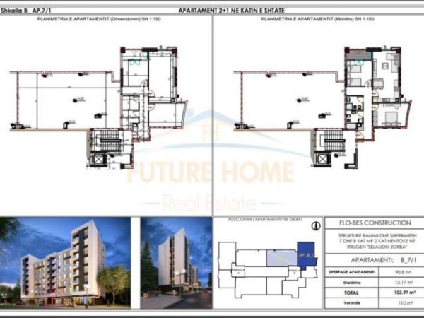 Tirane, shes apartament 2+1+BLK Kati 7, 104 m² 155.000 Euro (rruga e dibres)
