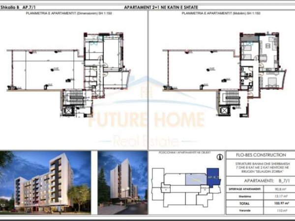 Tirane, shes apartament 2+1 Kati 7, 104 m² 15.500.000 Euro/m2 (Rruga e Dibres)