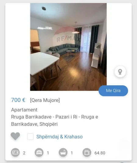 Tirane, jepet me qera apartament 1+1 Kati 3, 65 m² 700 € (Rruge Barrikadave Pazari Ri)