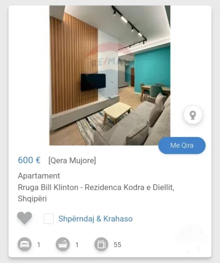 Tirane, jepet me qera apartament 1+1 Kati 3, 60 m² 600 € (Bill Klinton Kodra e Diellit)