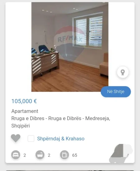 Tirane, shitet apartament 1+1 Kati 3, 65 m² 105.000 € (Medrese)