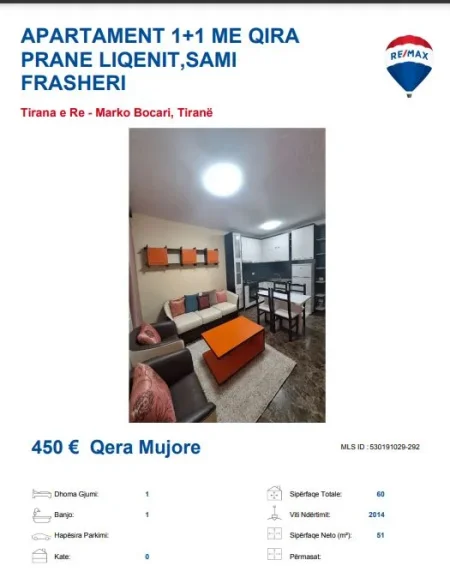 Tirane, jepet me qera apartament 1+1 Kati 5, 51 m² 450 € (MARKO BOCARI TE LIQENI TIRANES)