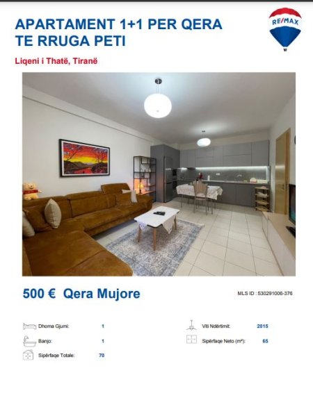 Tirane, jepet me qera apartament 1+1 Kati 3, 65 m² 500 € (RRUGA PETI LIQENI THATE)