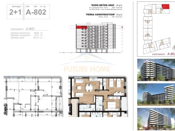 Tirane, shitet apartament 2+1+Ballkon Kati 8, 102 m² 147.500 € (Rruga don bosko)