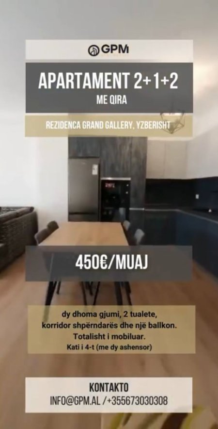 Tirane, jepet me qera apartament 2+1 Kati 4, 100 m² 450 € (Yzberisht)