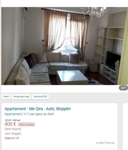 Tirane, jepet me qera apartament 1+1 Kati 2, 65 m² 400 € (ASTIR)