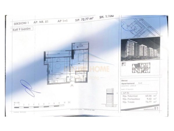 Tirane, shes apartament 1+1 Kati 9, 72 m² 95.000 € (Rruga Bedri Karapici)