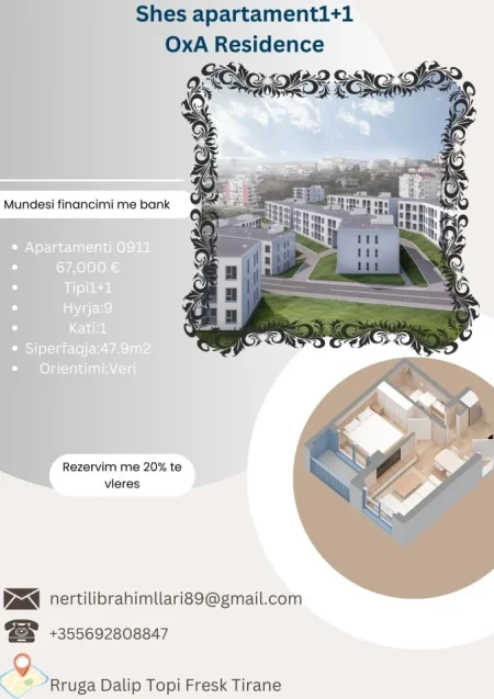 Tirane, shes apartament 1+1+Ballkon Kati 1, 48 m² 67.000 € (Rruga Dalip Topi Fresk Tirane)