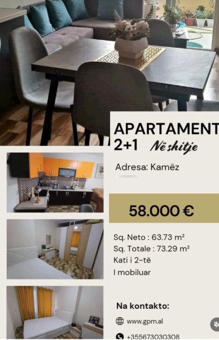 Tirane, shitet apartament 2+1 Kati 2, 73 m² 58.000 € (Kamez)