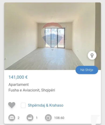 Tirane, shitet apartament 2+1 Kati 4, 108 m² 141.000 € (Fusha e aviacionit)