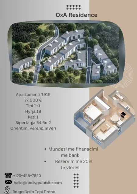 Tirane, shes apartament 1+1+Ballkon Kati 1, 55 m² 77.000 € (Dalip Topi Fresk Tirane)