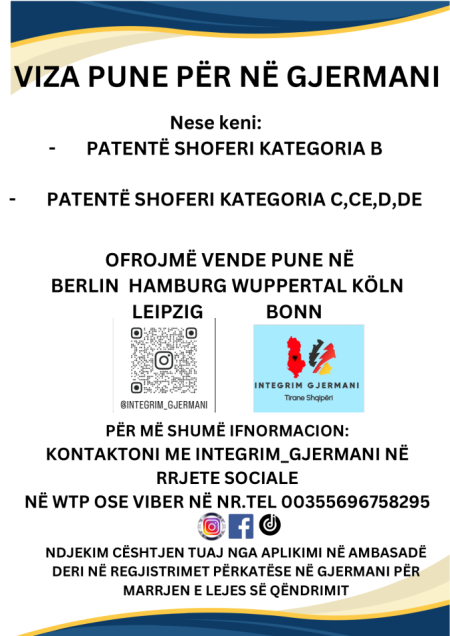 VIZA PUNE PËR NË GJERMANI per Shofer me patente: B, C, CE, D, DE