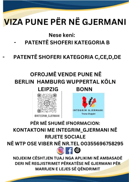 VIZA PUNE PËR NË GJERMANI per Shofer me patente: B, C, CE, D, DE