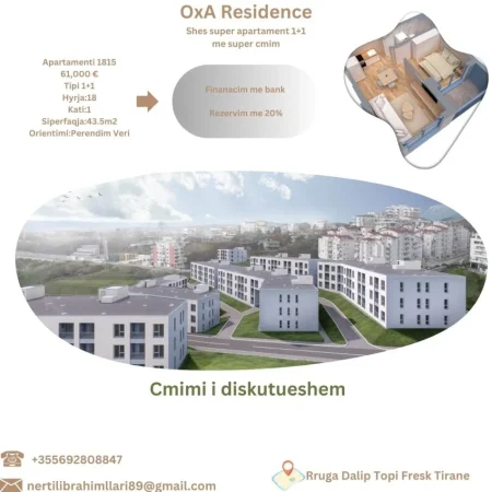 Tirane, shes apartament 1+1+Ballkon Kati 1, 43 m² 61.000 € (Rruga Dalip Topi Fresk Tirane)