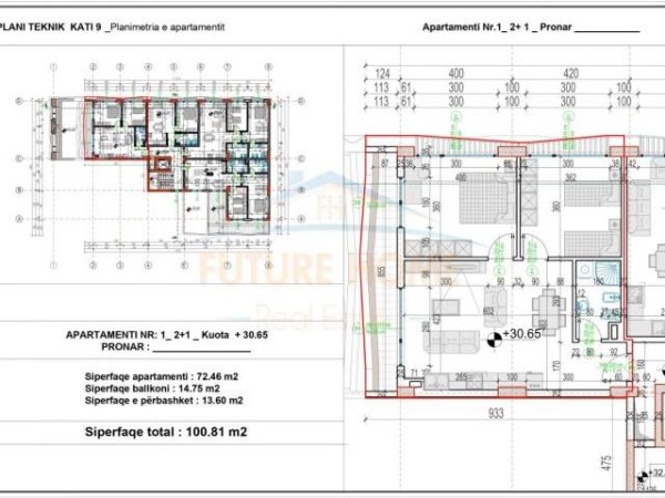 Tirane, shes apartament 2+1+BLK Kati 9, 101 m² 136.100 Euro (Rruga e Dibres) PARK26934