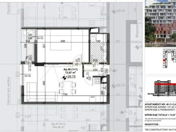 Tirane, shes apartament 1+1+Aneks+Ballkon Kati 8, 73 m² (FUSHA E AVIACIONIT)