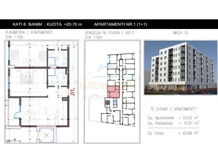 Tirane, shitet apartament 1+1 Kati 6, 55 m² 56.500 € (Bulevardi Donald Trump, Kamez AREA43956)