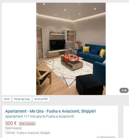 Tirane, jepet me qera apartament 1+1 Kati 4, 70 m² 500 € (FUSHA E AVIACIONIT)