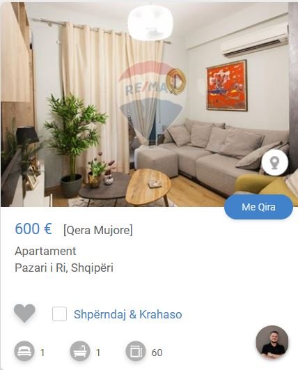 Tirane, jepet me qera apartament 1+1 Kati 3, 60 m² 600 € (PAZAR I RI)
