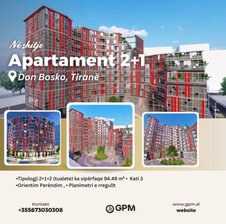 Tirane, shitet apartament 2+1 Kati 3, 95 m² (Don Bosko)