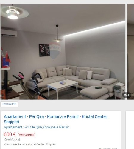 Tirane, jepet me qera apartament 1+1 Kati 5, 70 m² 600 € (KRISTAL CENTER KOMUNA E PARISIT)