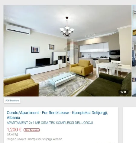 Tirane, jepet me qera apartament 2+1 Kati 8, 110 m² 1.200 € (DELIJORGJI)