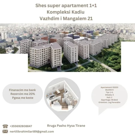 Tirane, shes apartament 1+1+Ballkon Kati 2, 60 m² 84.000 € (Rruga Pasho Hysa Tirane)