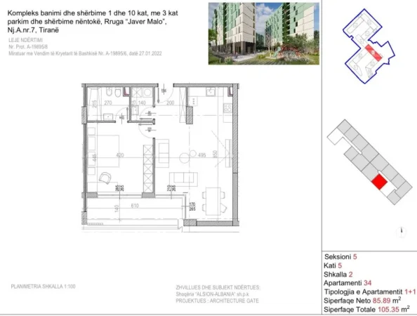 Tirane, Rruga "Javer Malo", "Riverside Residences", shes apartament 1+1+Ballkon Kati 5, 105.35 m² 158,000 Euro