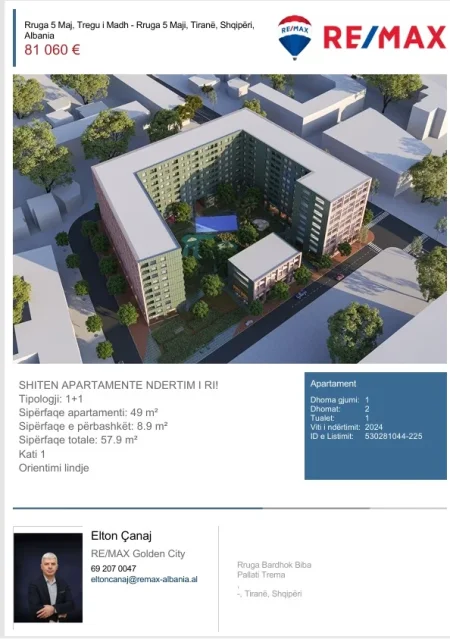 Tirane, shitet apartament 1+1 Kati 1, 57 m² 81.060 € (Rruga 5 Maji)