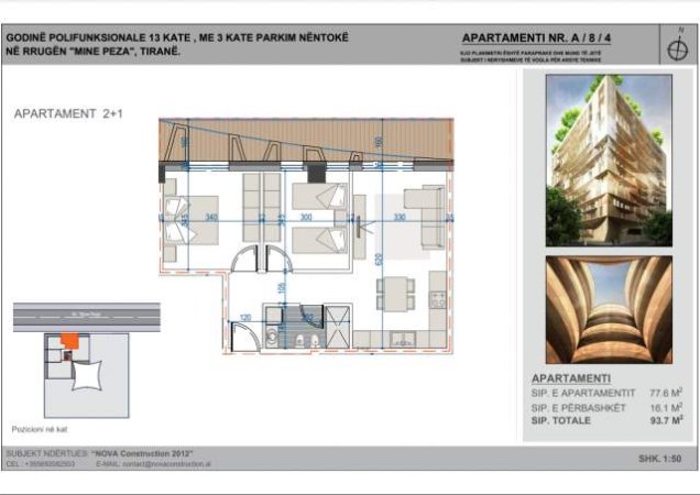 Tirane, shitet apartament 2+1+BLK Kati 8, 94 m² 150.000 Euro (Rezidenca Mine Peza)
