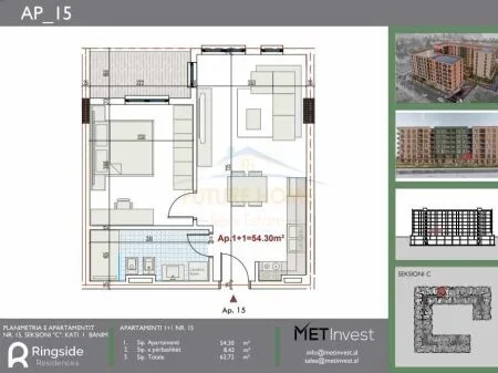 Tirane, shitet apartament 1+1 Kati 1, 54 m² 61000 € (Rezidenca Ringside, Paskuqan, Tiranë AREA44573)