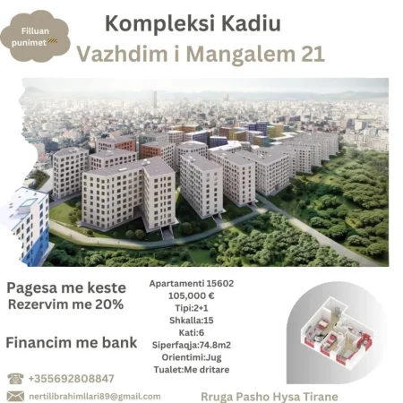 Tirane, shes apartament 2+1+Ballkon Kati 6, 75 m² 105.000 € (Rruga Pasho Hysa Tirane)