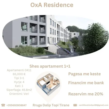 Tirane, shes apartament 1+1+Ballkon Kati 1, 46 m² 65.000 € (Rruga Dalip Topi Tirane)