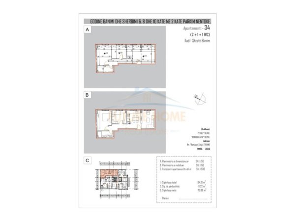 Tirane, shitet apartament 2+1 Kati 7, 84 m² 120.000 € (Brryli)