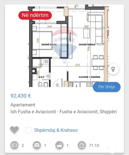 Tirane, shitet apartament 1+1 Kati 1, 72 m² 92.430 € (Fusha e Aviacionit)